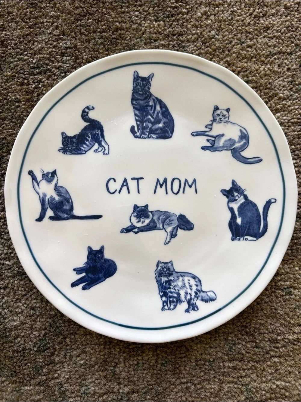 Anthropologie Cat Mom Ceramic 8.25 inch Dessert Plate - Blue and White